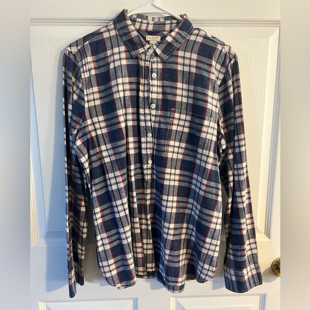 J. Crew red/blue pullover style shirt (buttons go down to mid-shirt)
